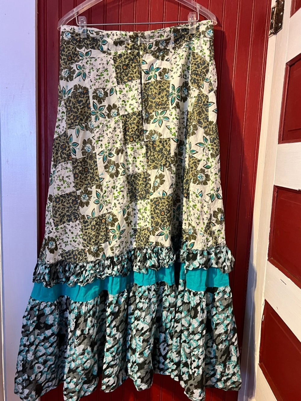 RAGA Anthropologie White Maxi Skirt with Teal Band and Brown Patchwork XL - Picture 5 of 11